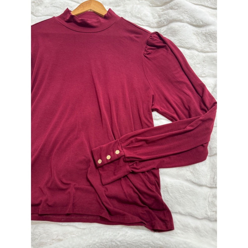 Draper James Burgundy Mock Neck Blouse L Long Sleeve Knit Top Gold Button Cuffs - Picture 4 of 9